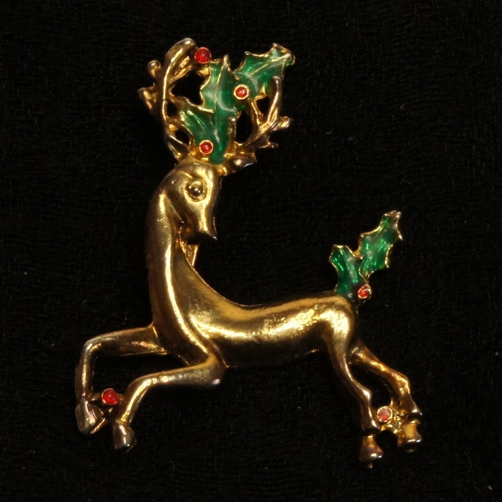 Vintage Reindeer‎ Brooch Gold Tone Christmas Pin Holly Antlers Rhinestone